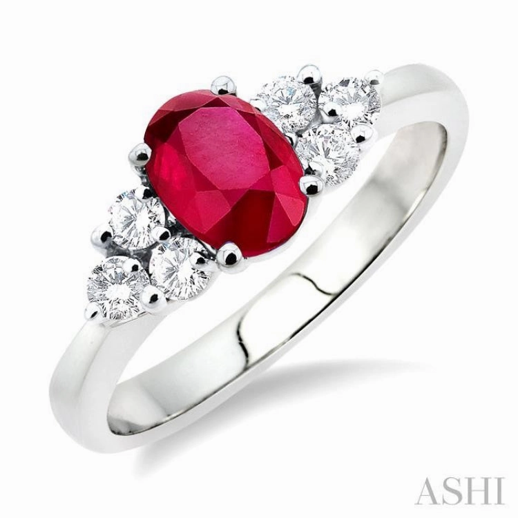 7x5mm Oval Cut Ruby and 1/3 Ctw Round Cut Diamond Ring in 14K White Gold Classic Expression Old World