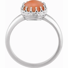 Beautiful Sign Sterling Silver 5 mm Natural Pink Coral Crown Cabochon Ring
