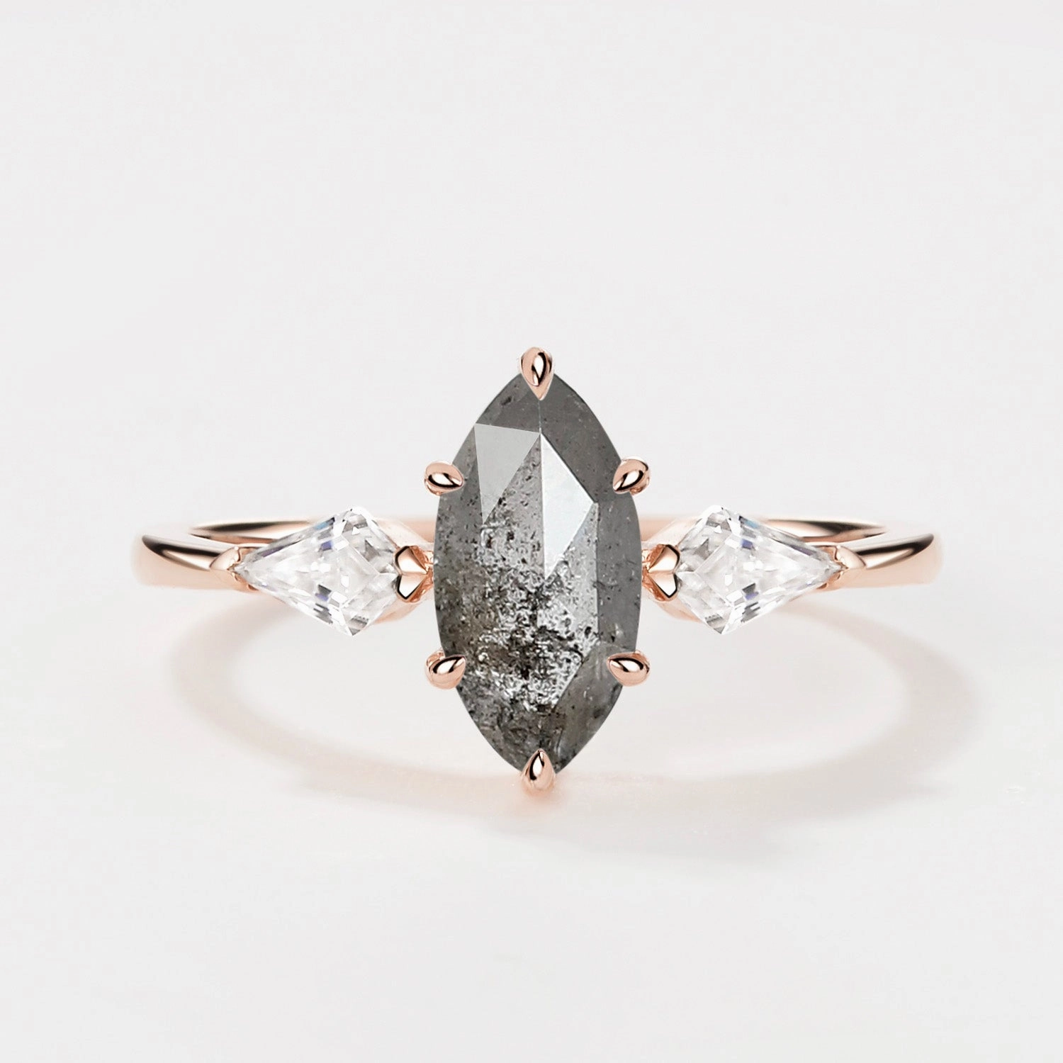 Minimal Design Monochrome Look Marquise Cut Salt and Pepper Diamond Three-stone Engagement Ring