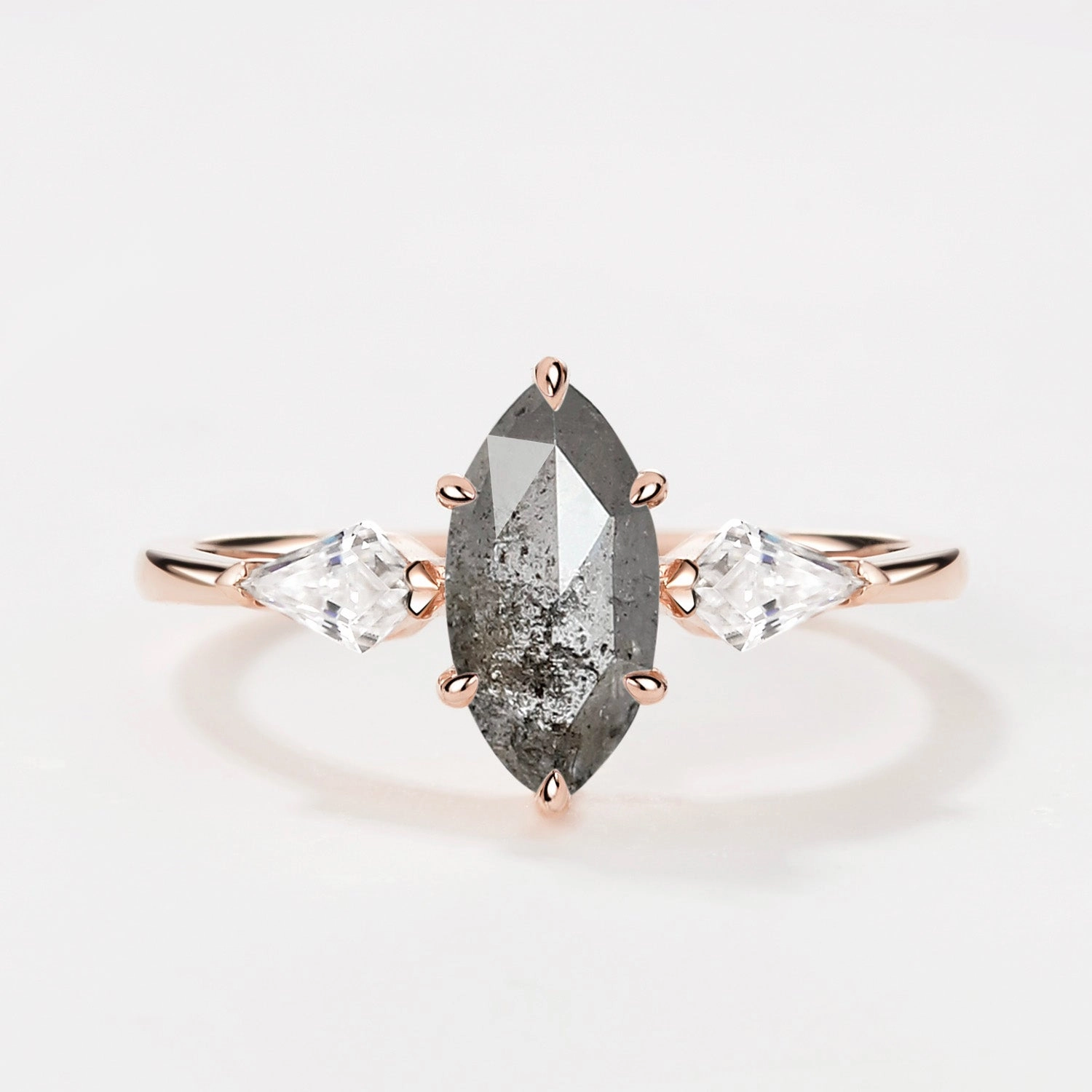 Minimal Mood Marquise Cut Salt and Pepper Diamond Three-stone Engagement Ring