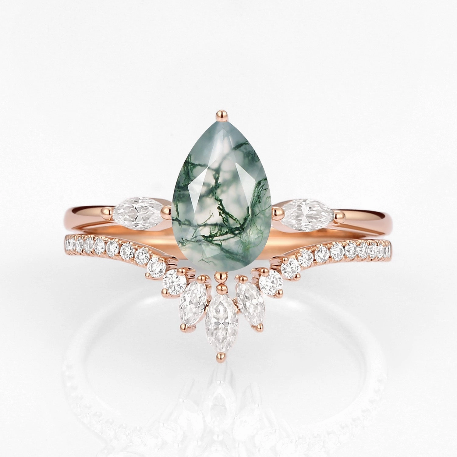 Pear Cut Moss Agate Engagement Ring Set 2pcs - Jream Fashionable Jewelry