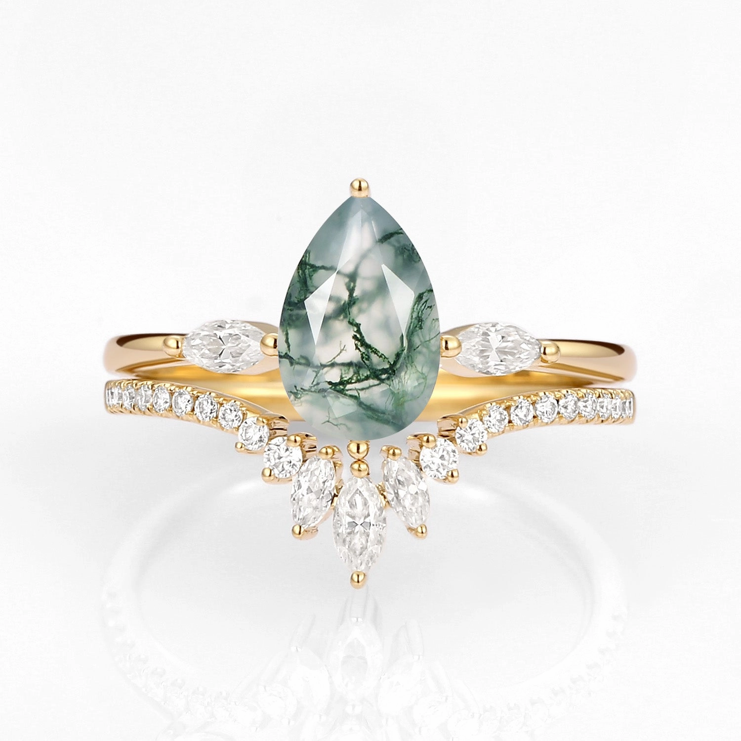 Pear Cut Moss Agate Engagement Ring Set 2pcs - Jream Chic Touch