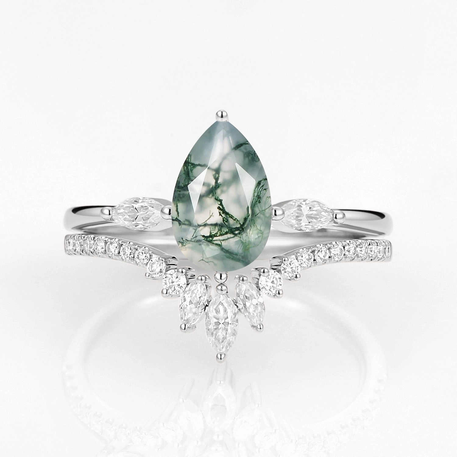 Elegant Mark Pear Cut Moss Agate Engagement Ring Set 2pcs - Jream