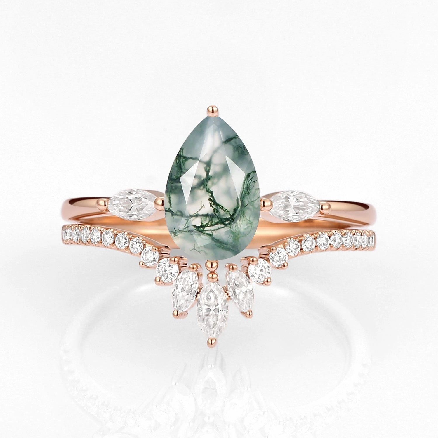 Pear Cut Moss Agate Engagement Ring Set 2pcs - Jream Branded Decoration