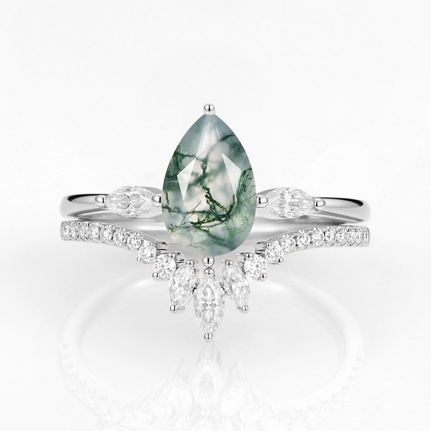 Smooth Spark Pear Cut Moss Agate Engagement Ring Set 2pcs - Jream