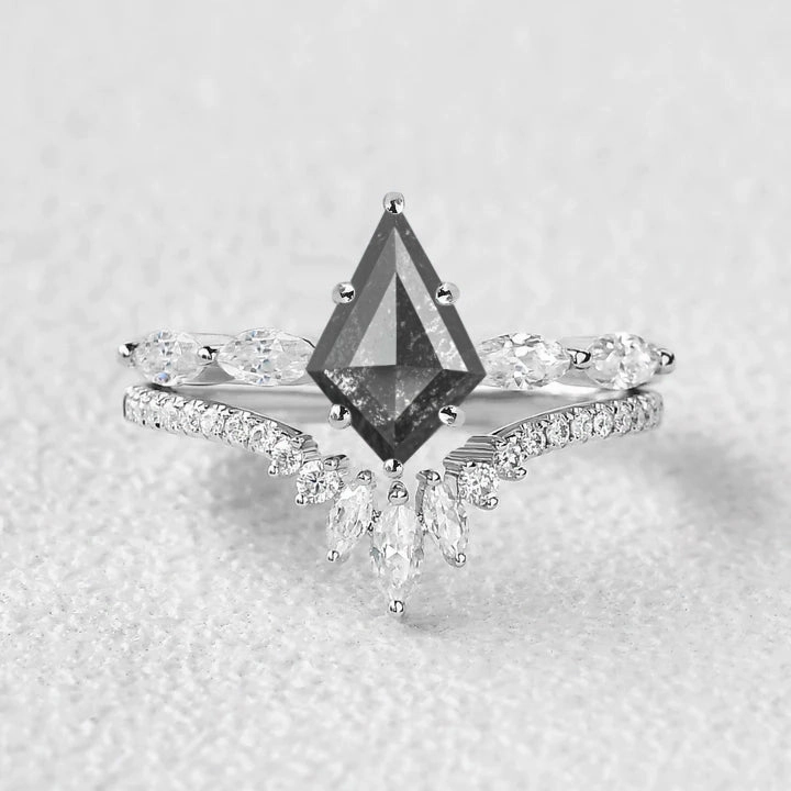 Artisan Style Rectangular Form Kite Salt and Pepper Diamonds Cluster Engagement Ring Set 2pcs