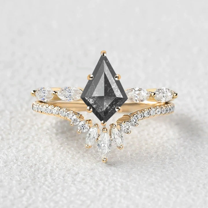 Stylish Symbol Occasion Present Kite Salt and Pepper Diamonds Cluster Engagement Ring Set 2pcs