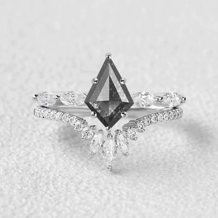 Kite Salt and Pepper Diamonds Cluster Engagement Ring Set 2pcs Fashionable Item