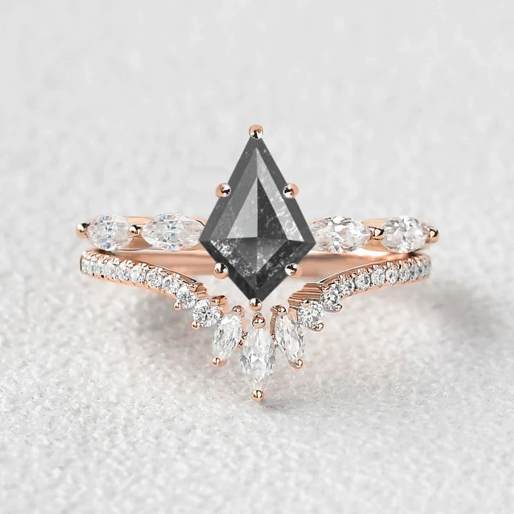 Glamorous look Kite Salt and Pepper Diamonds Cluster Engagement Ring Set 2pcs
