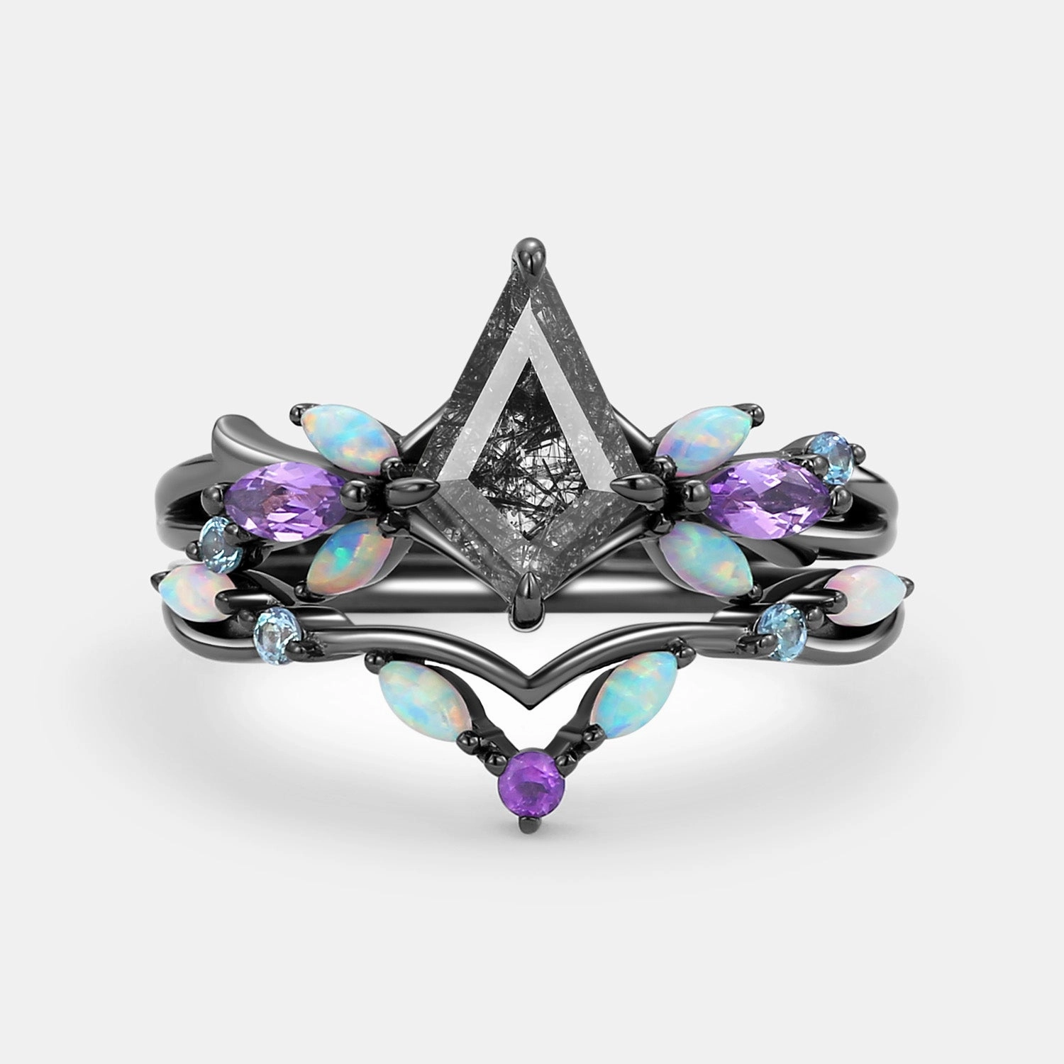 Bold Accessory Black Rutilated Quartz & Opal & Amethyst Unique Engagement Ring Set 2pcs - Bella