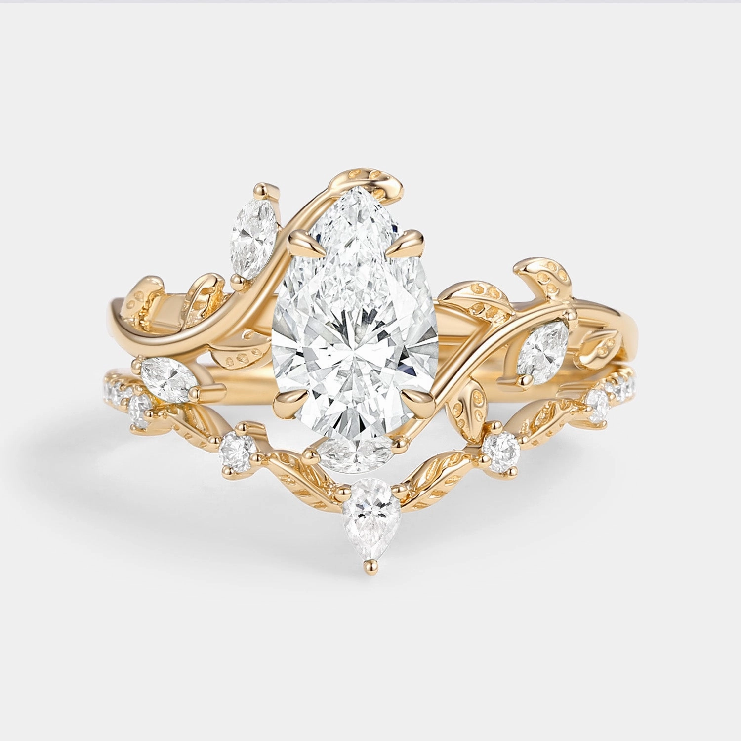 Economical Work Perfect Choice Pear Cut Lab Grown Diamond Leafy Ring Set 2pcs - Daphne