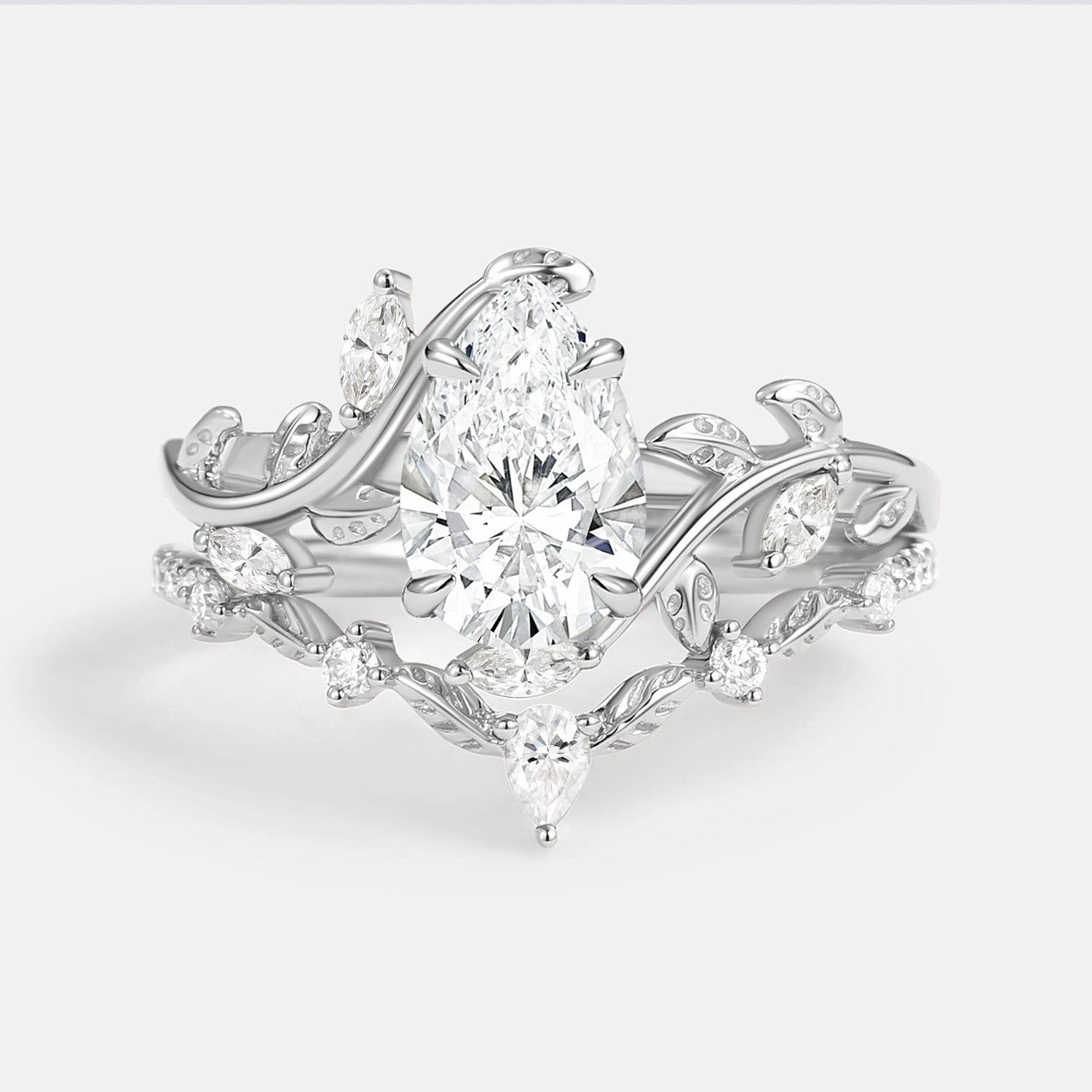 Graceful Edge Pear Cut Lab Grown Diamond Leafy Ring Set 2pcs - Daphne