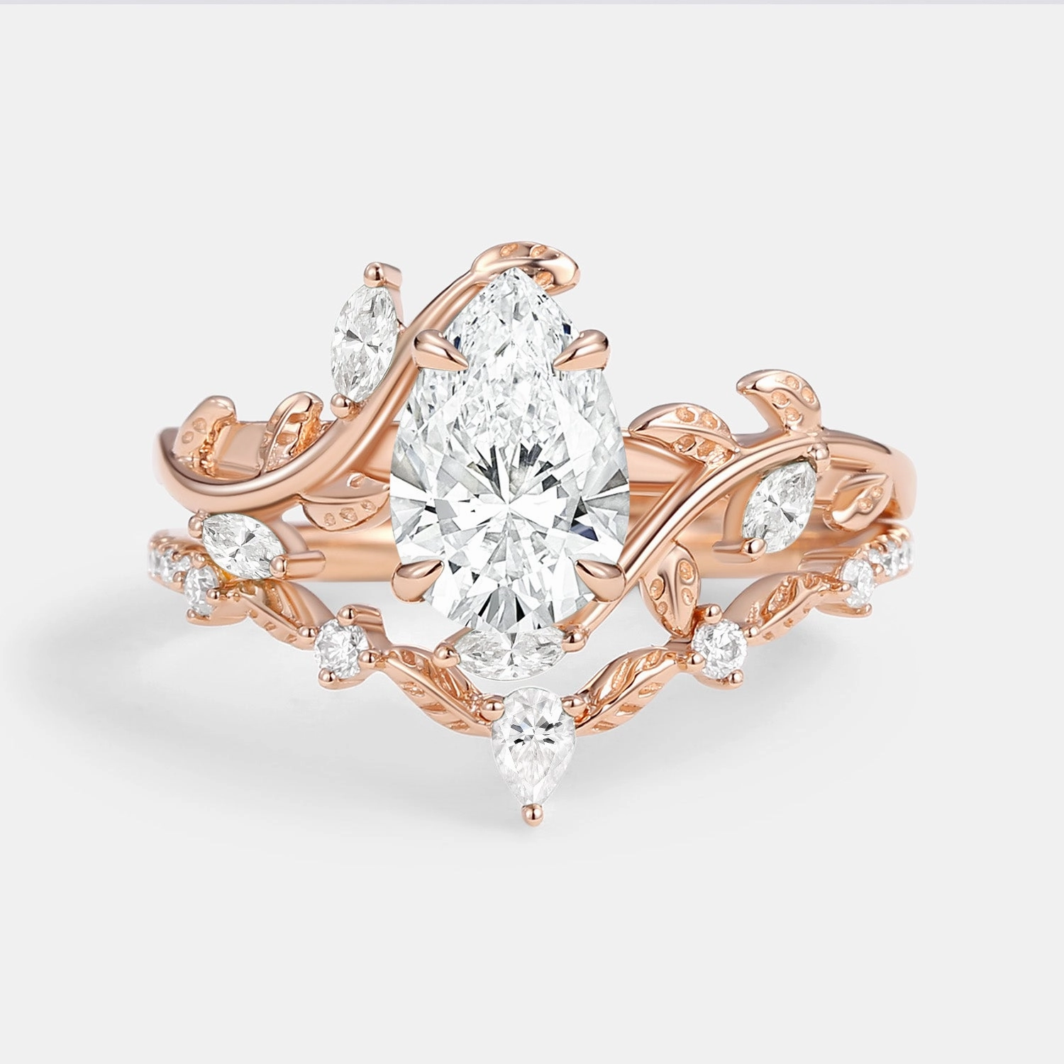 Pear Cut Lab Grown Diamond Leafy Ring Set 2pcs - Daphne Quality Gift