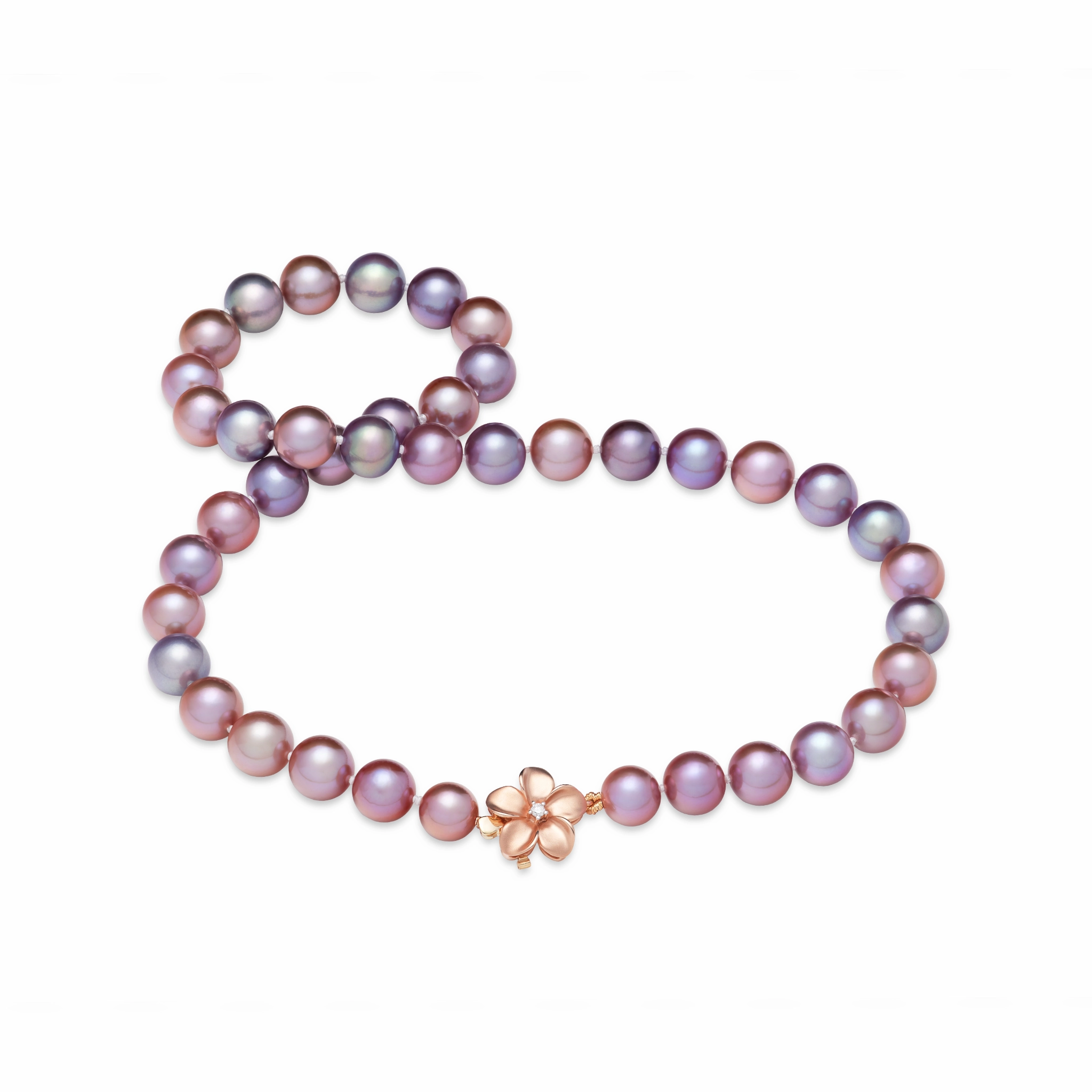19.25" Freshwater Pearl Strand with Diamond Plumeria Clasp in Rose Gold - 9-13mm Refined Craftwork