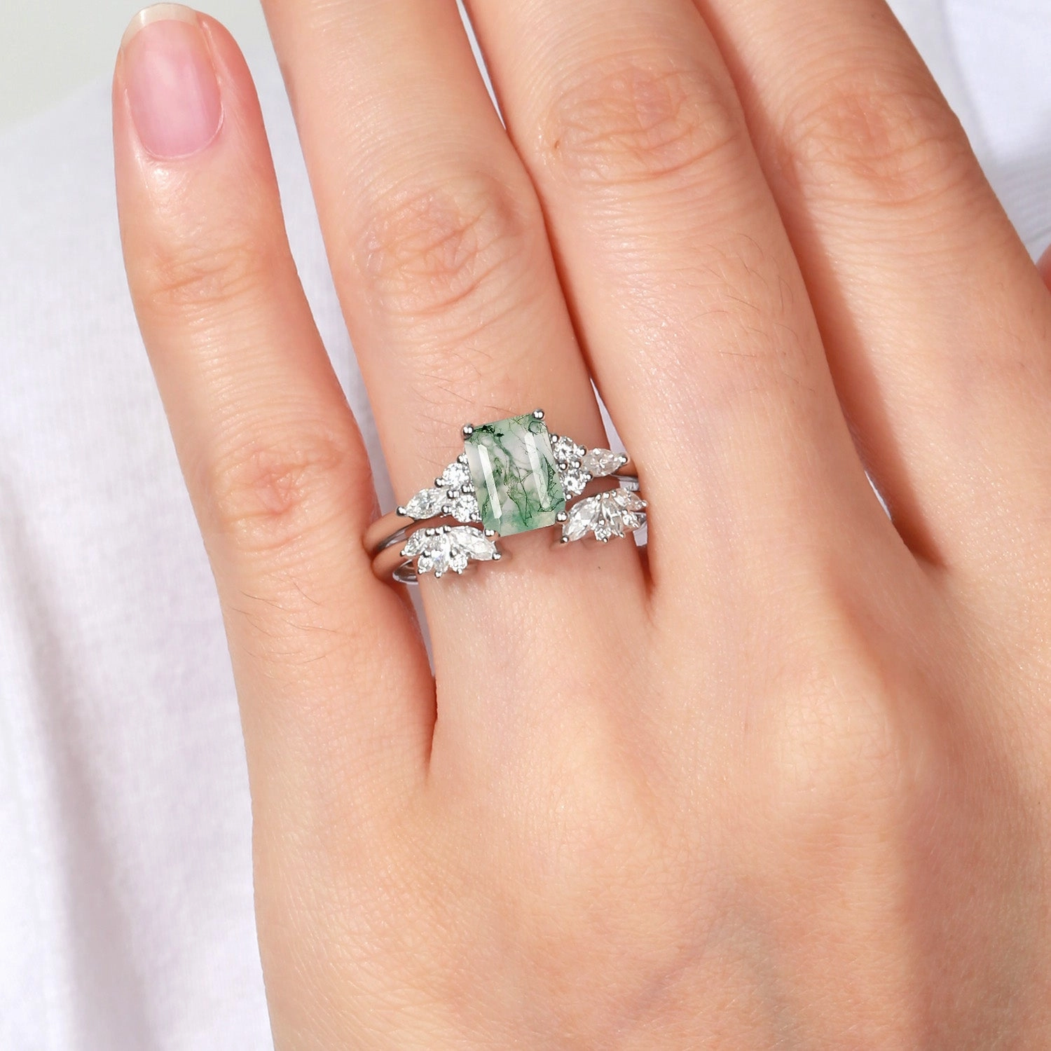 Emerald Cut Green Moss Agate Cluster Engagement Ring Set 2PCS Refined Fashion