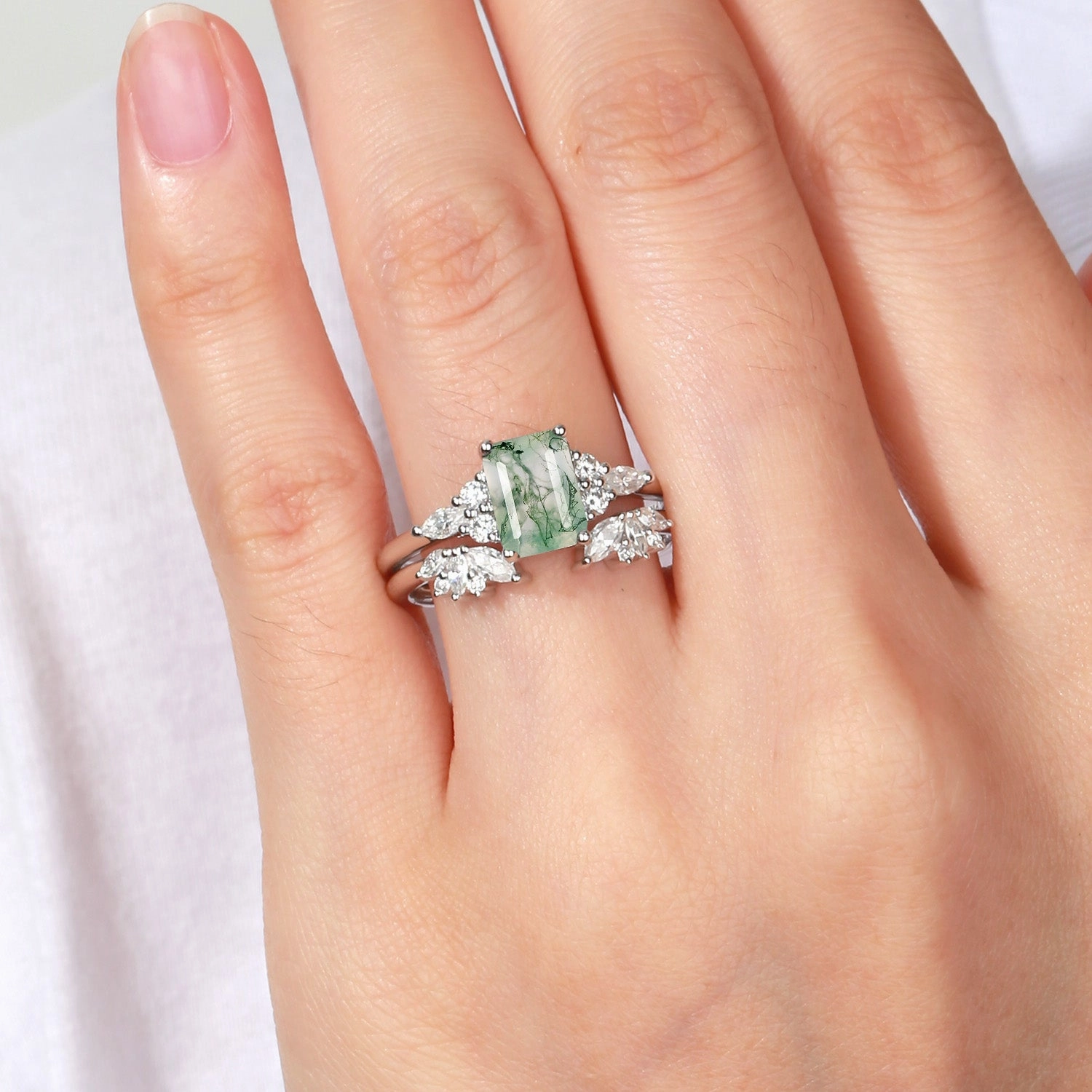 Modern Gift Emerald Cut Green Moss Agate Cluster Engagement Ring Set 2PCS
