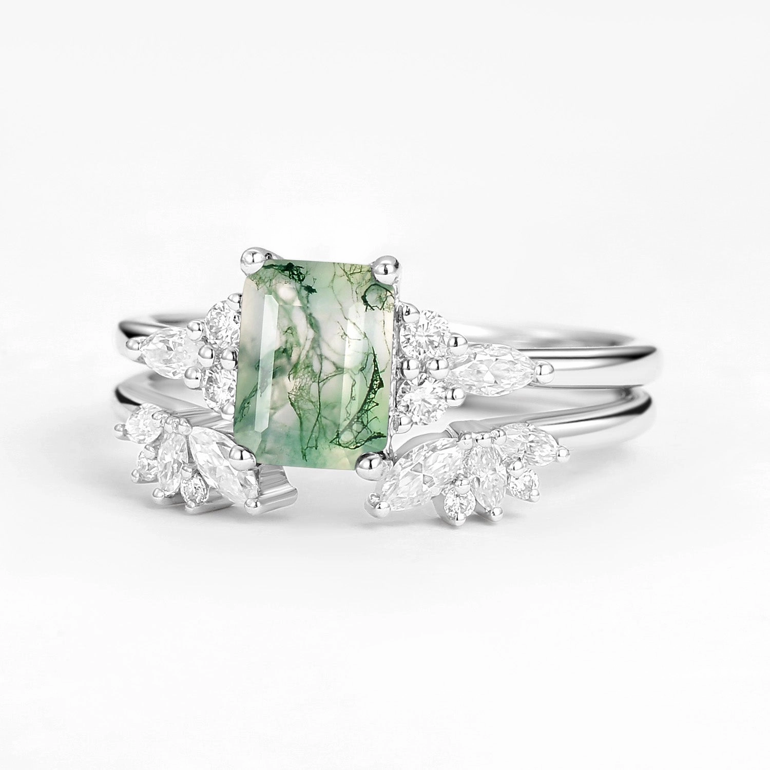 Clean Aesthetic Emerald Cut Green Moss Agate Cluster Engagement Ring Set 2PCS