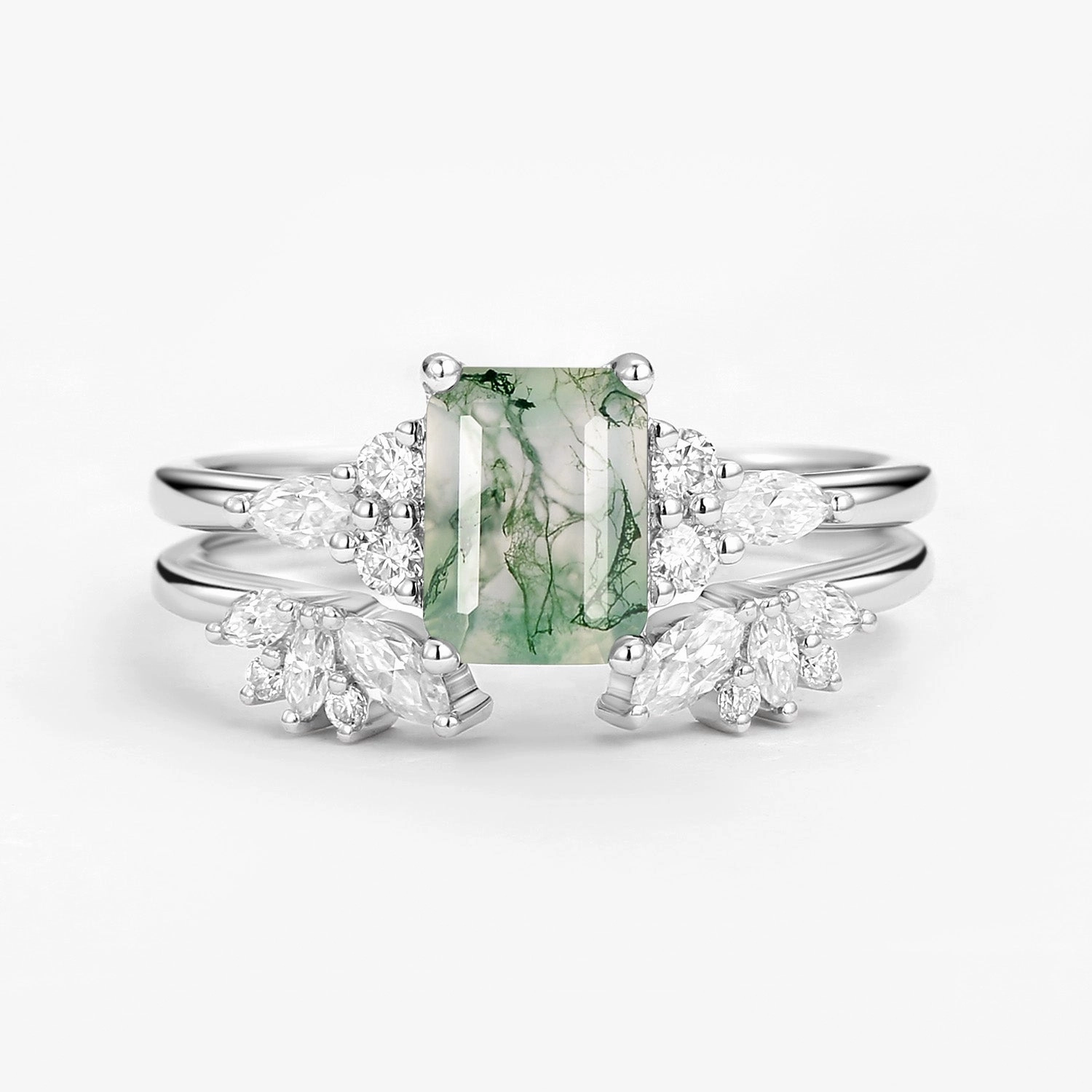 Luxury Bauble Emerald Cut Green Moss Agate Cluster Engagement Ring Set 2PCS