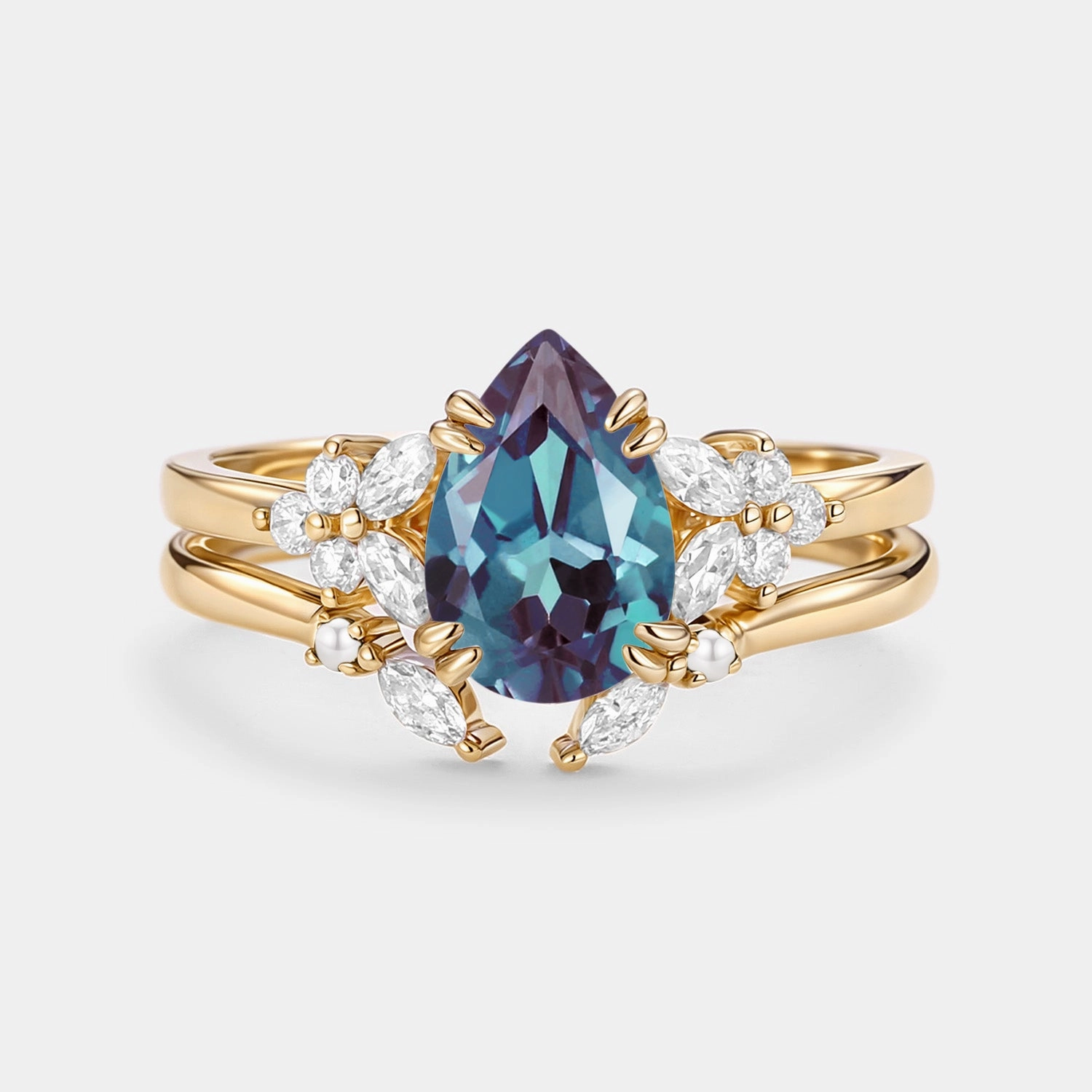 Cluster Pear Shaped Lab Alexandrite Chevron Gold Ring Set 2pcs - Anya 21st Century Timeless Product