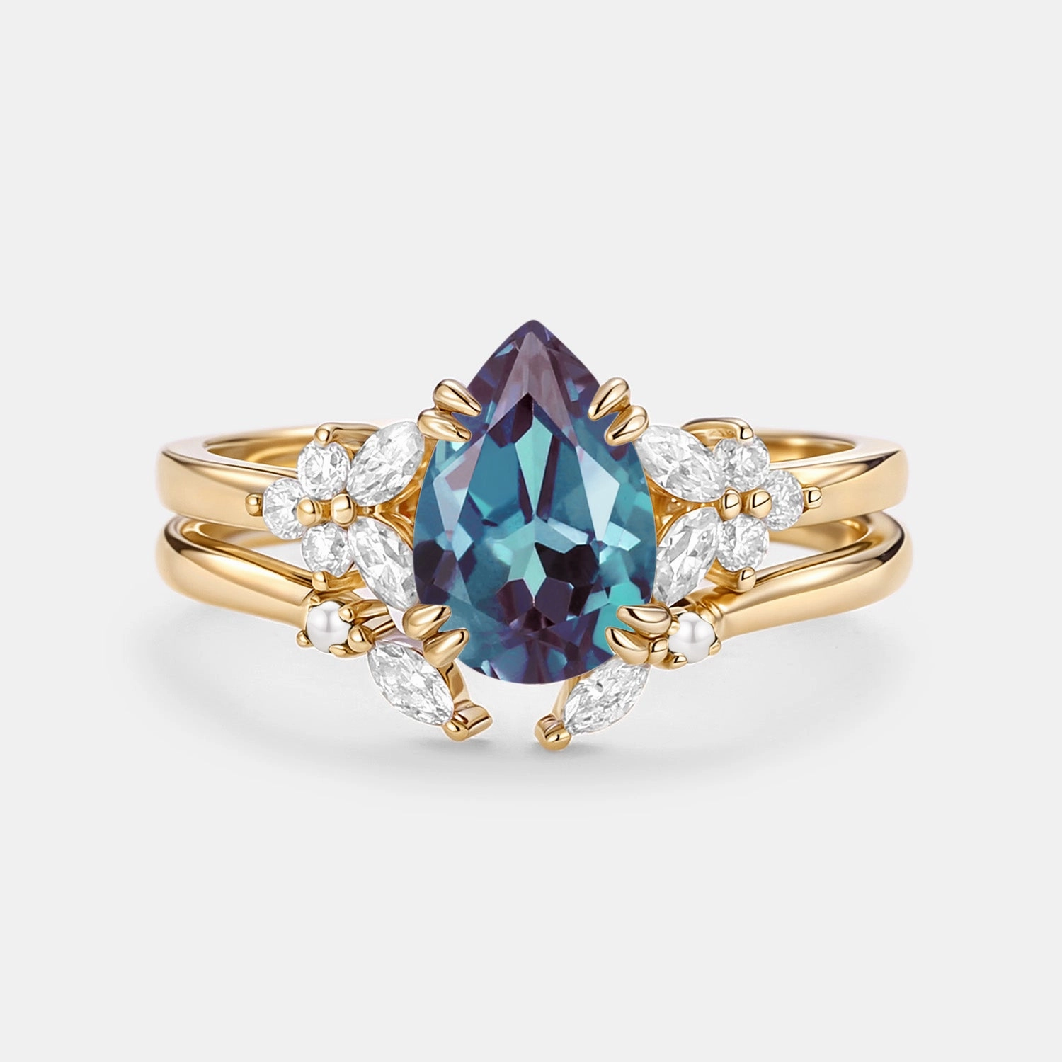 Cluster Pear Shaped Lab Alexandrite Chevron Gold Ring Set 2pcs - Anya Hypoallergenic Object