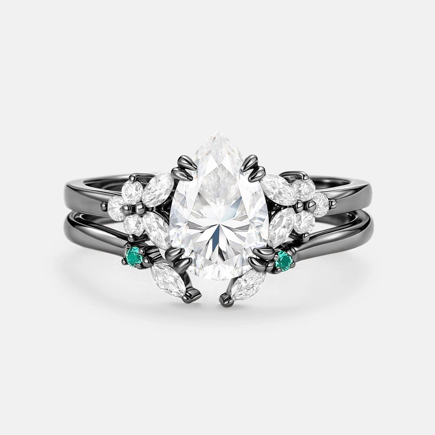 Cluster Pear Shaped Moissanite Chevron Gold Ring Set 2pcs - Anya Weekend Piece Sophisticated Element