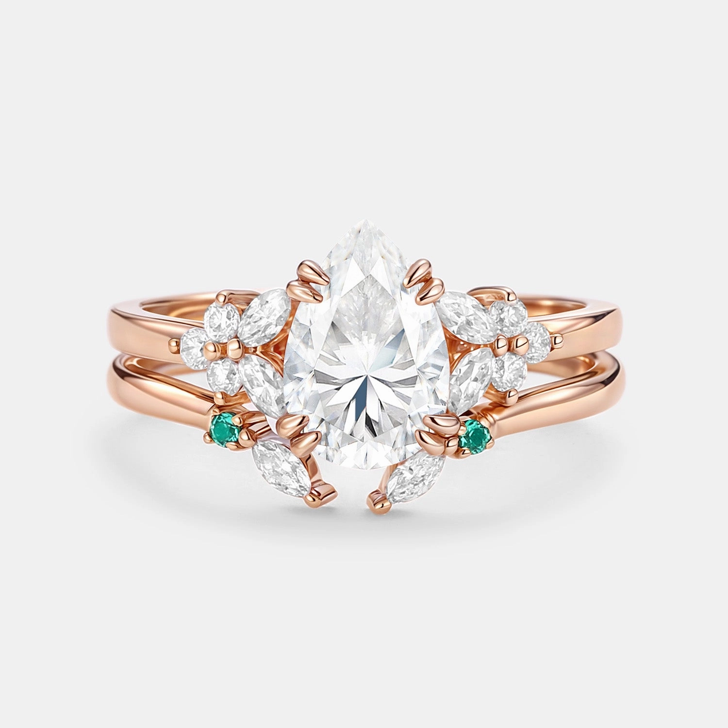 Shine Accent Bold Touch Cluster Pear Shaped Moissanite Chevron Gold Ring Set 2pcs - Anya