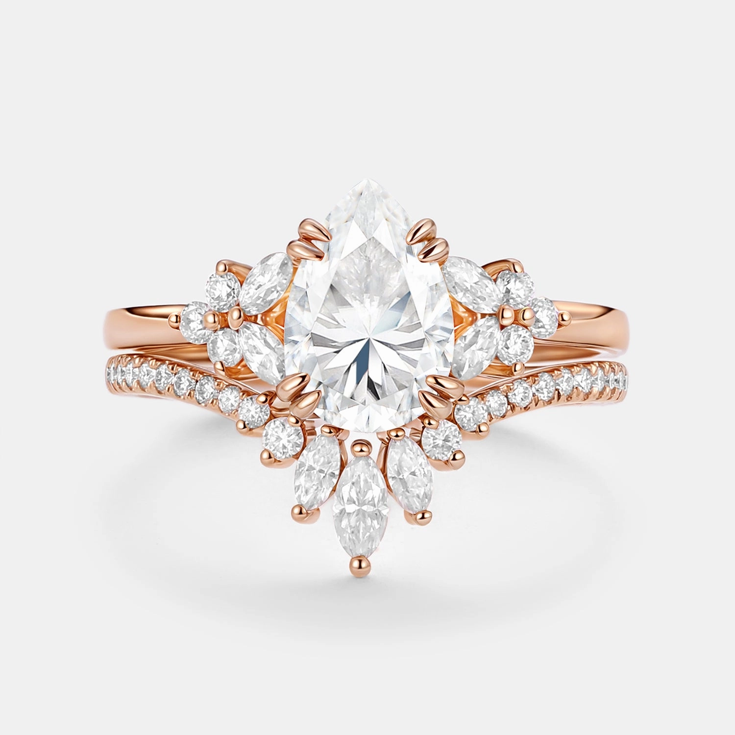 Cluster Pear Shaped Moissanite Chevron Gold Ring Set 2pcs - Della Fantastic Product Spring Trend