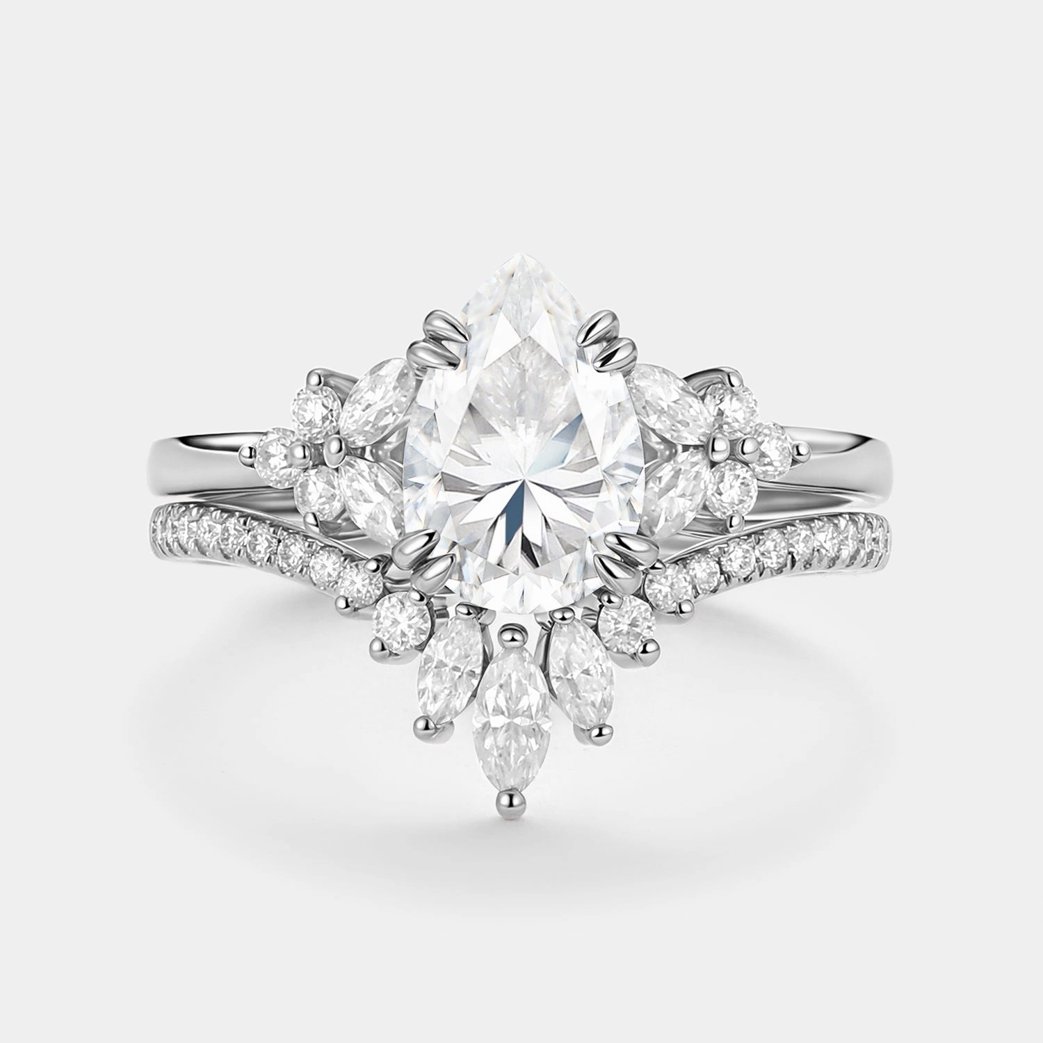 Luxury Appeal Cluster Pear Shaped Moissanite Chevron Gold Ring Set 2pcs - Della