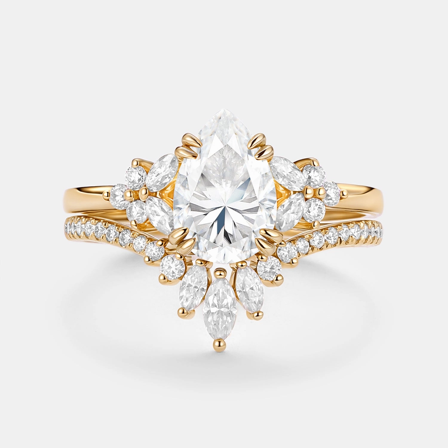 Cluster Pear Shaped Moissanite Chevron Gold Ring Set 2pcs - Della Luxury Line