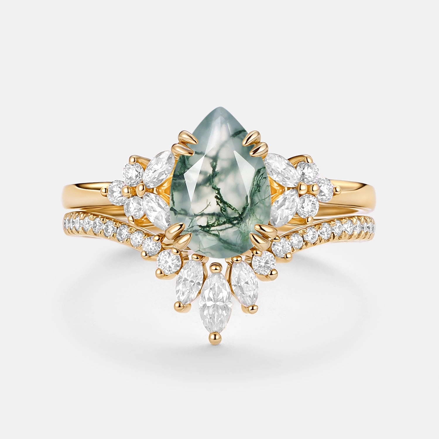 Cluster Pear Shaped Moss Agate Chevron Gold Ring Set 2pcs - Della Trendy Object Comfortable Decoration
