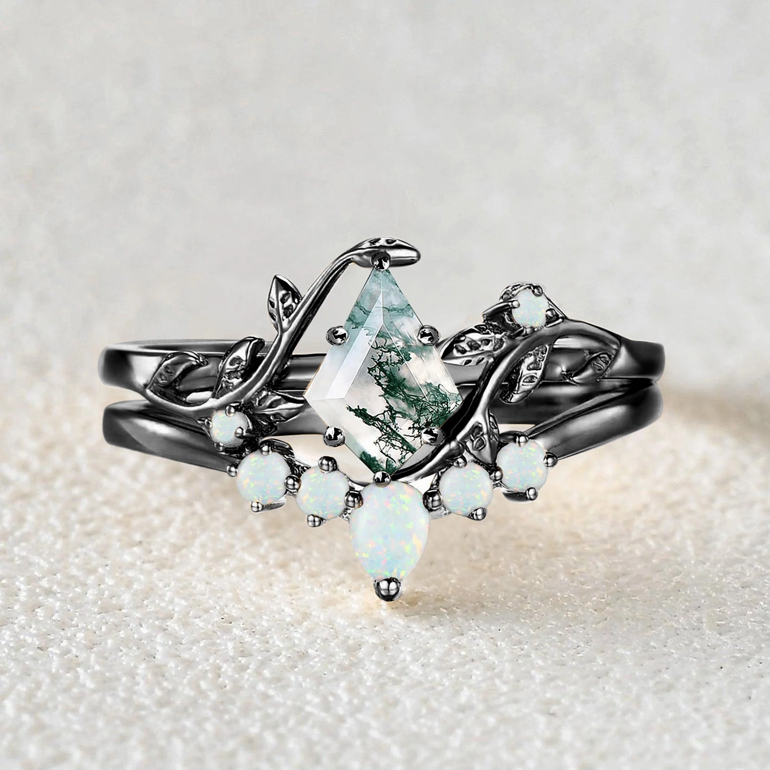 Color Accent Colorful Stones Unique Kite Cut Moss Agate Leafy Bridal Ring Sets 2pcs - Willow