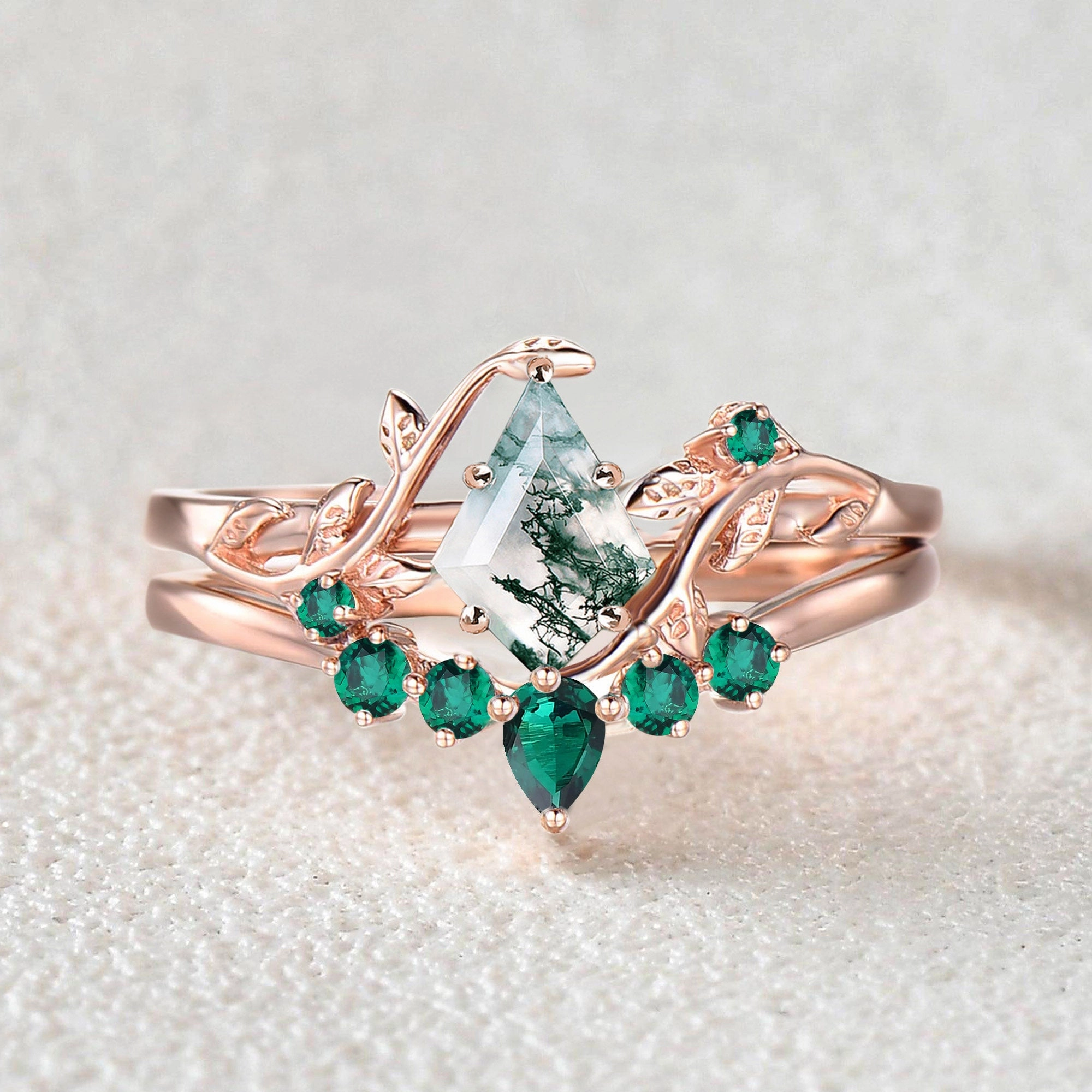 Dainty Feel Colorful Stones Unique Kite Cut Moss Agate Leafy Bridal Ring Sets 2pcs - Willow