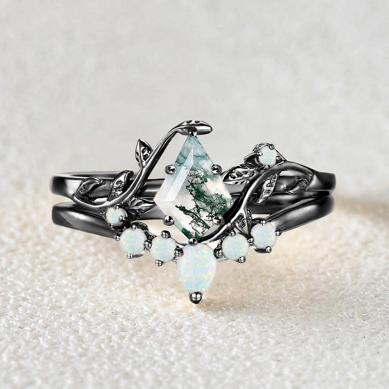 Colorful Stones Unique Kite Cut Moss Agate Leafy Bridal Ring Sets 2pcs - Willow Brilliant Decoration Style Ready