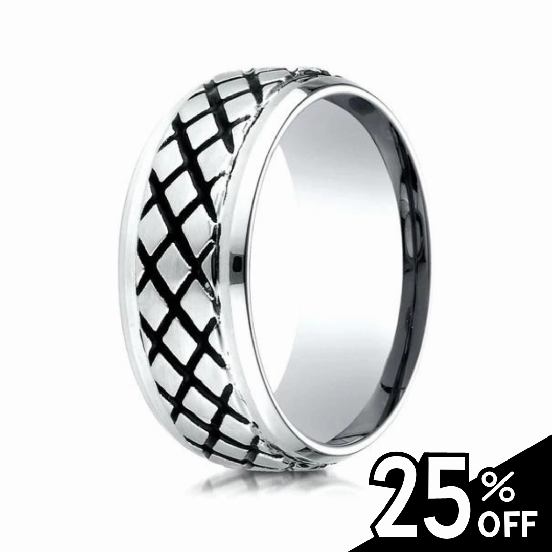 Comfort-Fit Cobalt Cross-Hatched Blackened Wedding Band Winter Fashion
