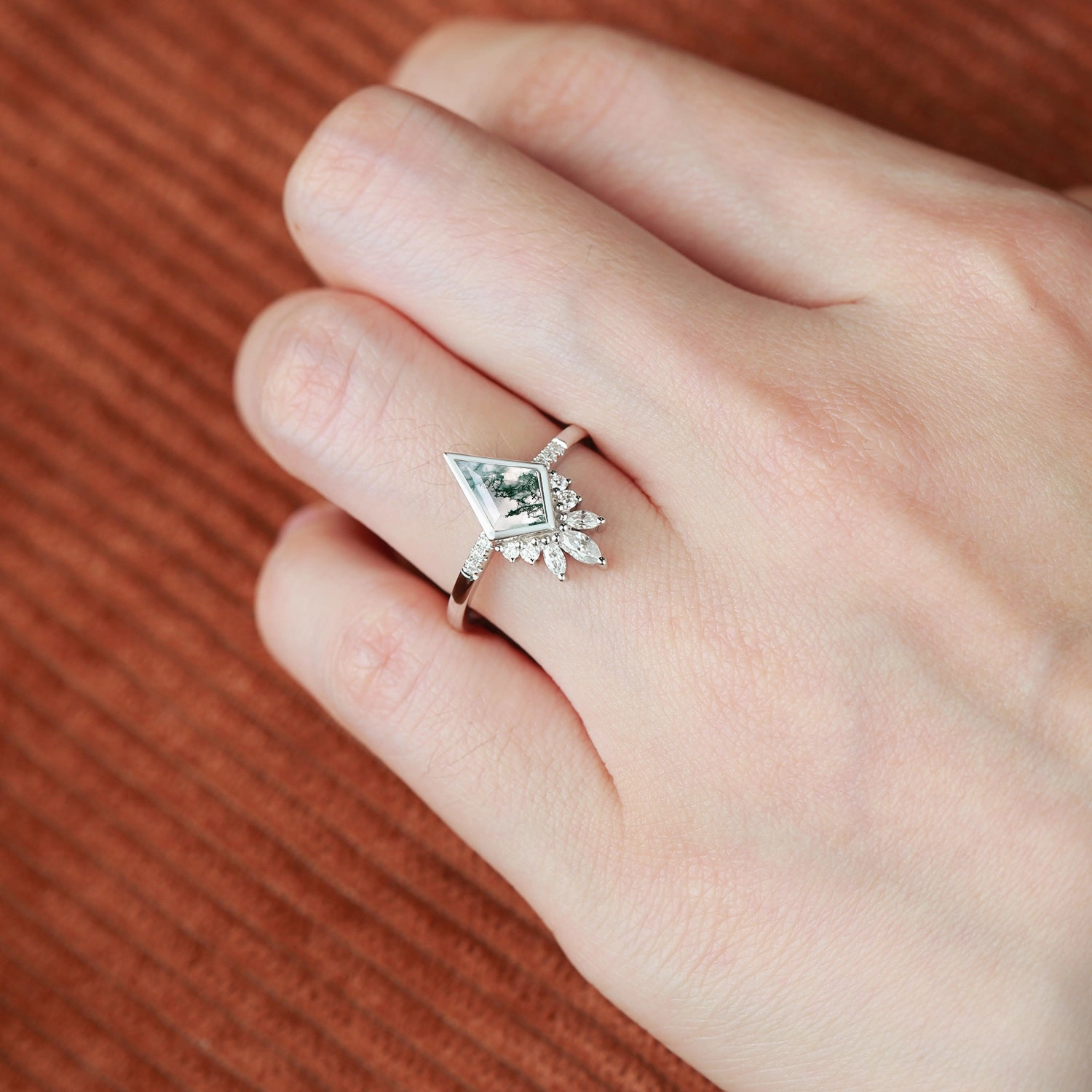 Black Rutilated Quartz Kite Cut Bezel Engagement Ring Bridal Accent