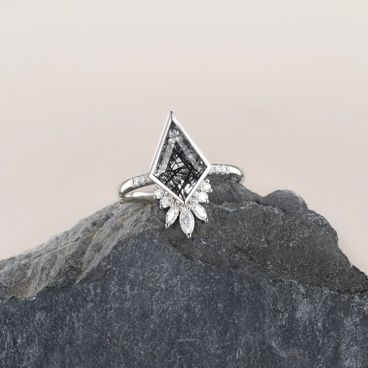 Black Rutilated Quartz Kite Cut Bezel Engagement Ring Petite Gift Elegant Appeal