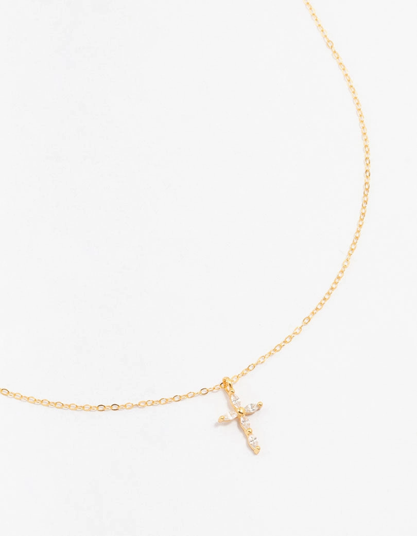 Sophisticated Glam Muted Style Gold Plated Sterling Silver Cubic Zirconia Cross Necklace