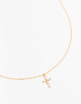 Sophisticated Glam Muted Style Gold Plated Sterling Silver Cubic Zirconia Cross Necklace