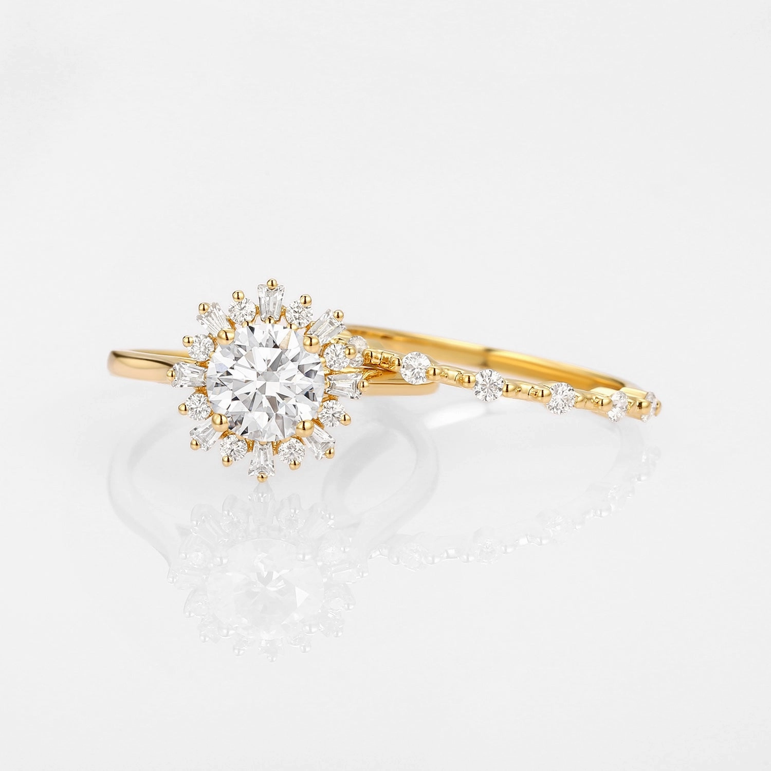 Premium Jewelry Subtle Detail Halo Floral Round Lab Grown Diamond Ring Set 2pcs - Sol