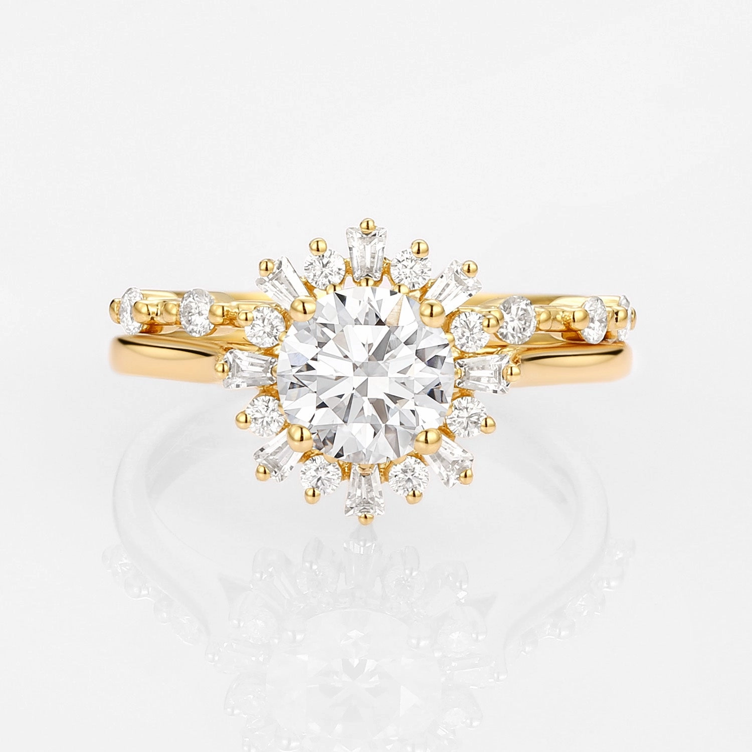 Halo Floral Round Lab Grown Diamond Ring Set 2pcs - Sol Designer Piece Highlight Piece