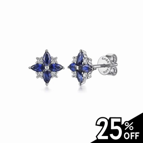 14K White Gold Diamond and Blue Sapphire Bursting Star Studs Signature Finish Party Design