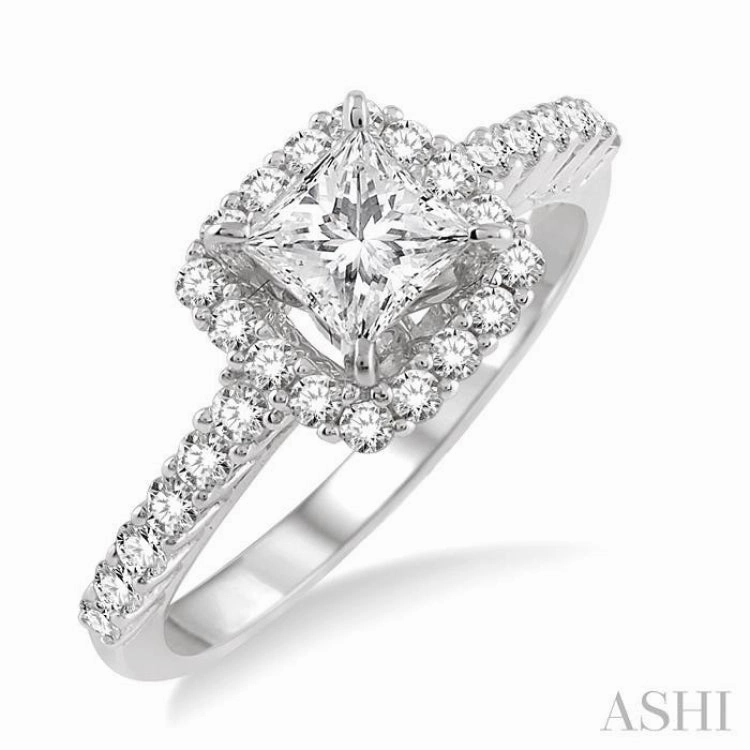 1 1/4 Ctw Diamond Engagement Ring with 3/4 Ct Princess Cut Center Stone in 14K White Gold Bridal Accent