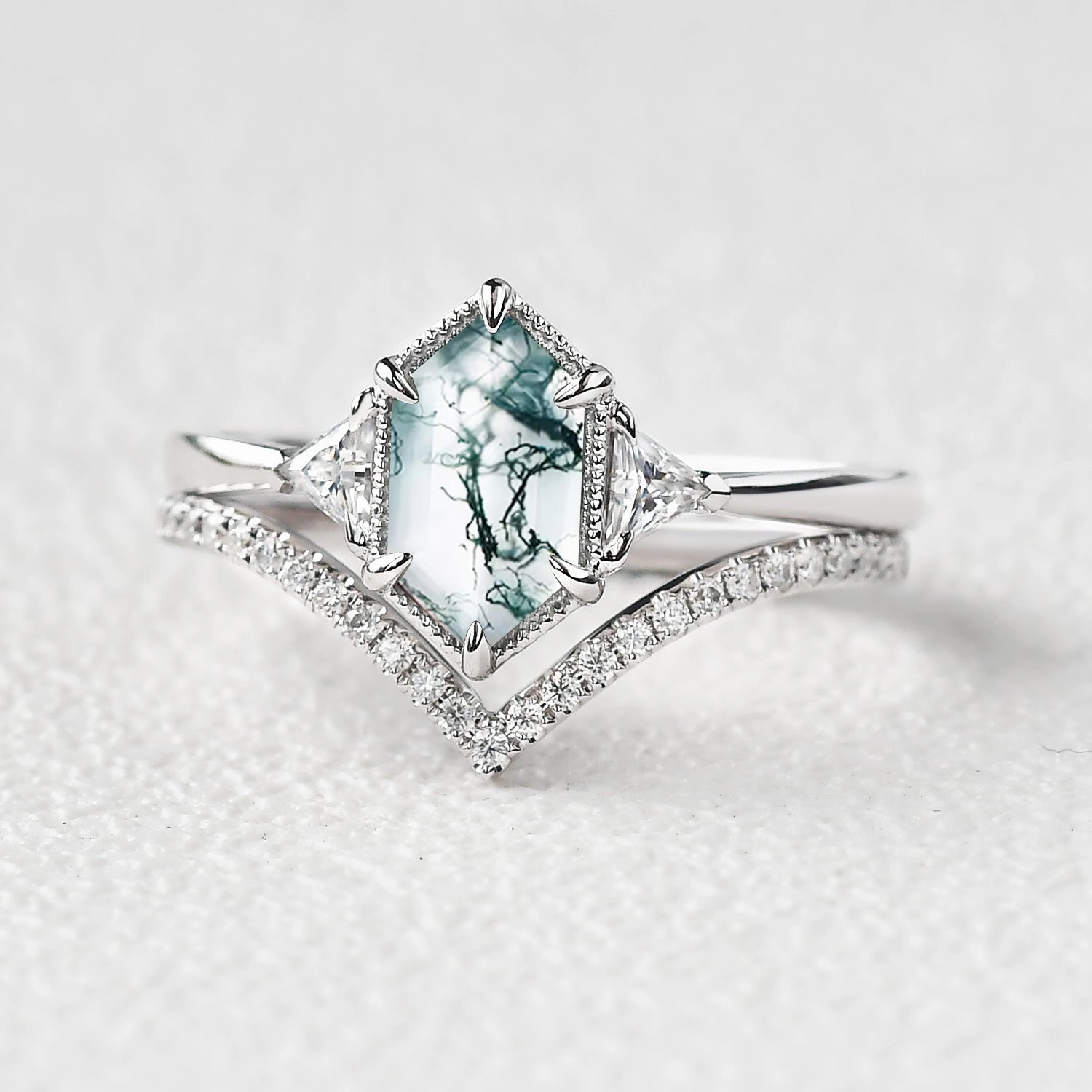 Hexagon Moss Agate Three Stone Engagement Ring Set 2pcs - Jasper Cool Finish