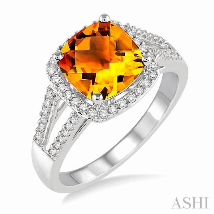 Comfortable Piece Artisan Style 8x8 MM Cushion Shape Citrine and 1/4 ctw Round cut Diamond Ring in 10K White Gold