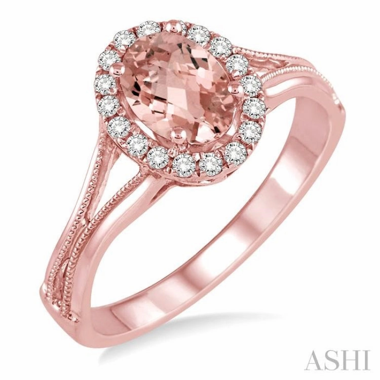 Quality Piece 7x5 MM Oval Shape Morganite and 1/6 Ctw Round Cut Diamond Ring in 14K Rose Gold
