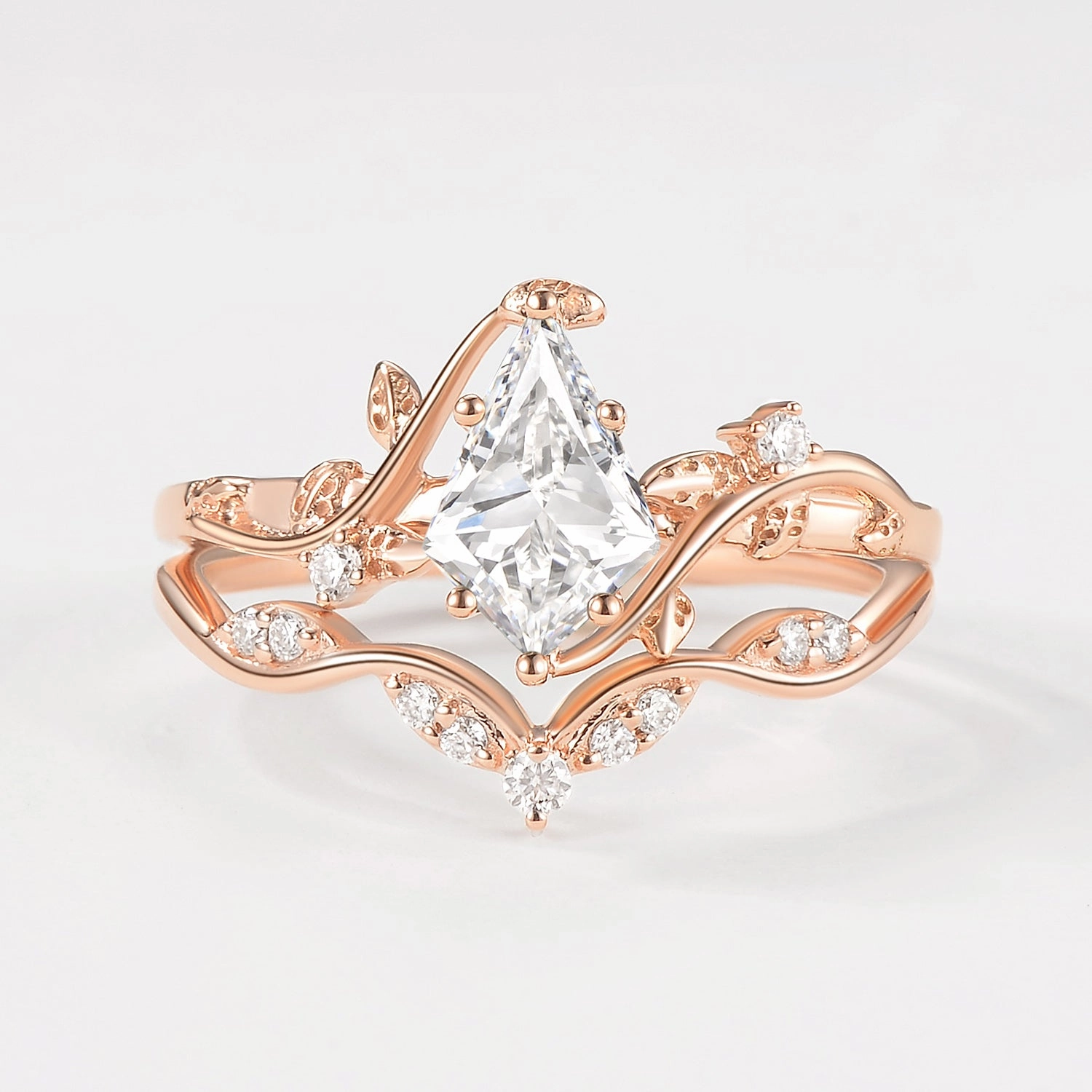 Vine Kite Lab Grown Diamond Leafy Engagement Ring Set 2pcs Elegant Attire