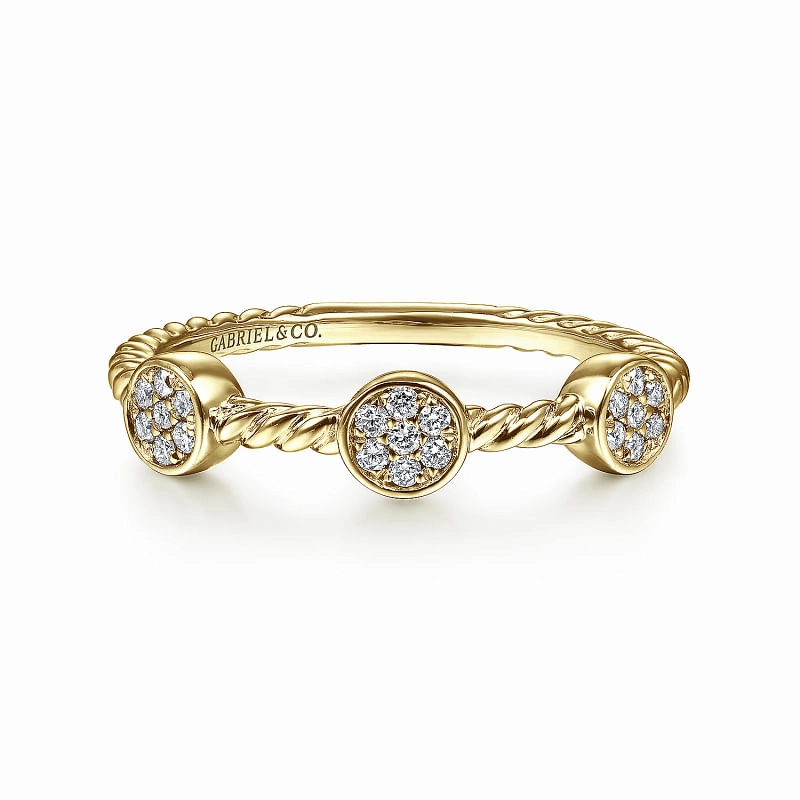 Precious Shine 14K Yellow Gold Twisted Rope Cluster Diamond Station Stackable Ring