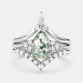 Night Shine Vintage Pear Shaped Moss Agate Engagement Ring Set 3pcs