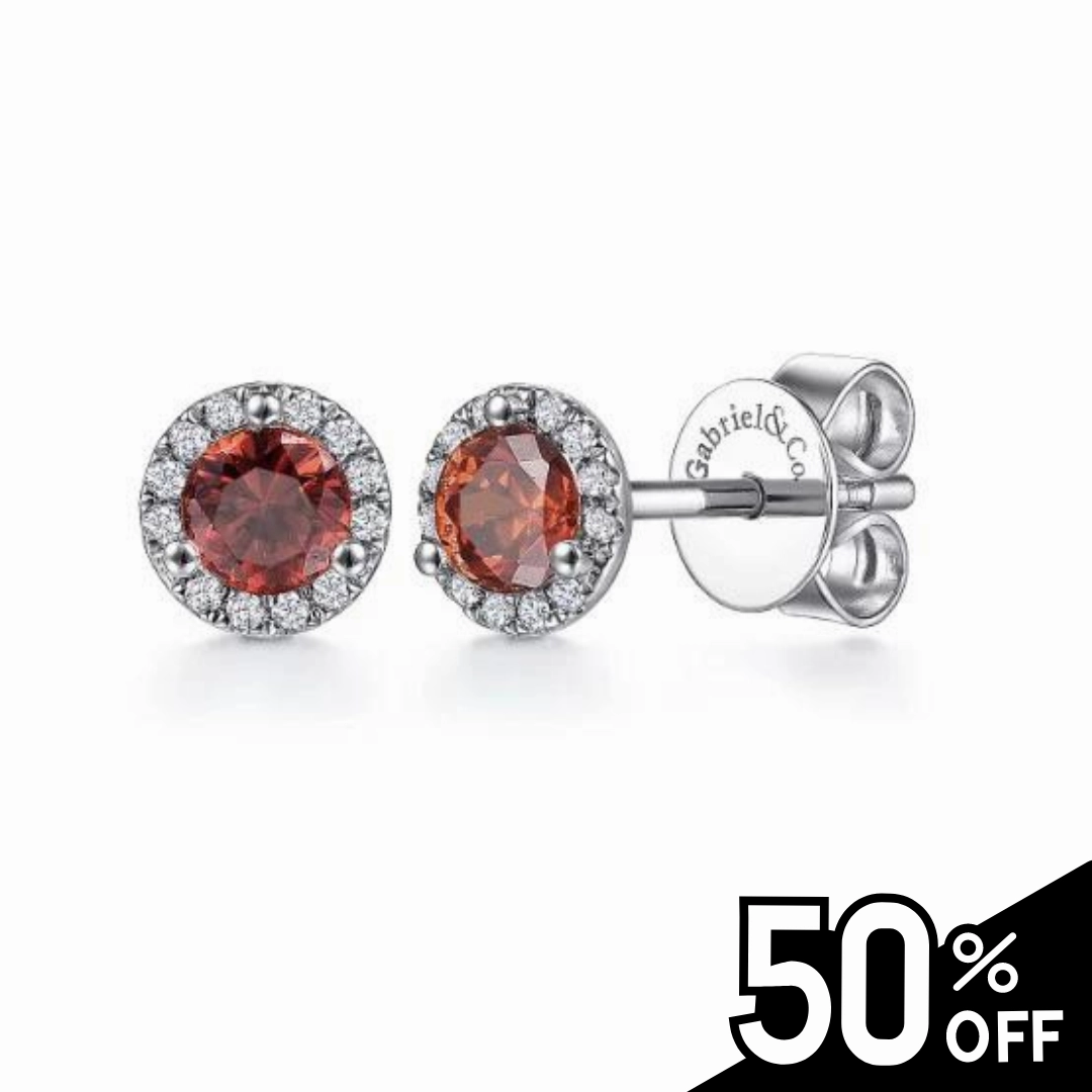 Pastel Look 14K White Gold Halo Garnet and Diamond Stud Earrings