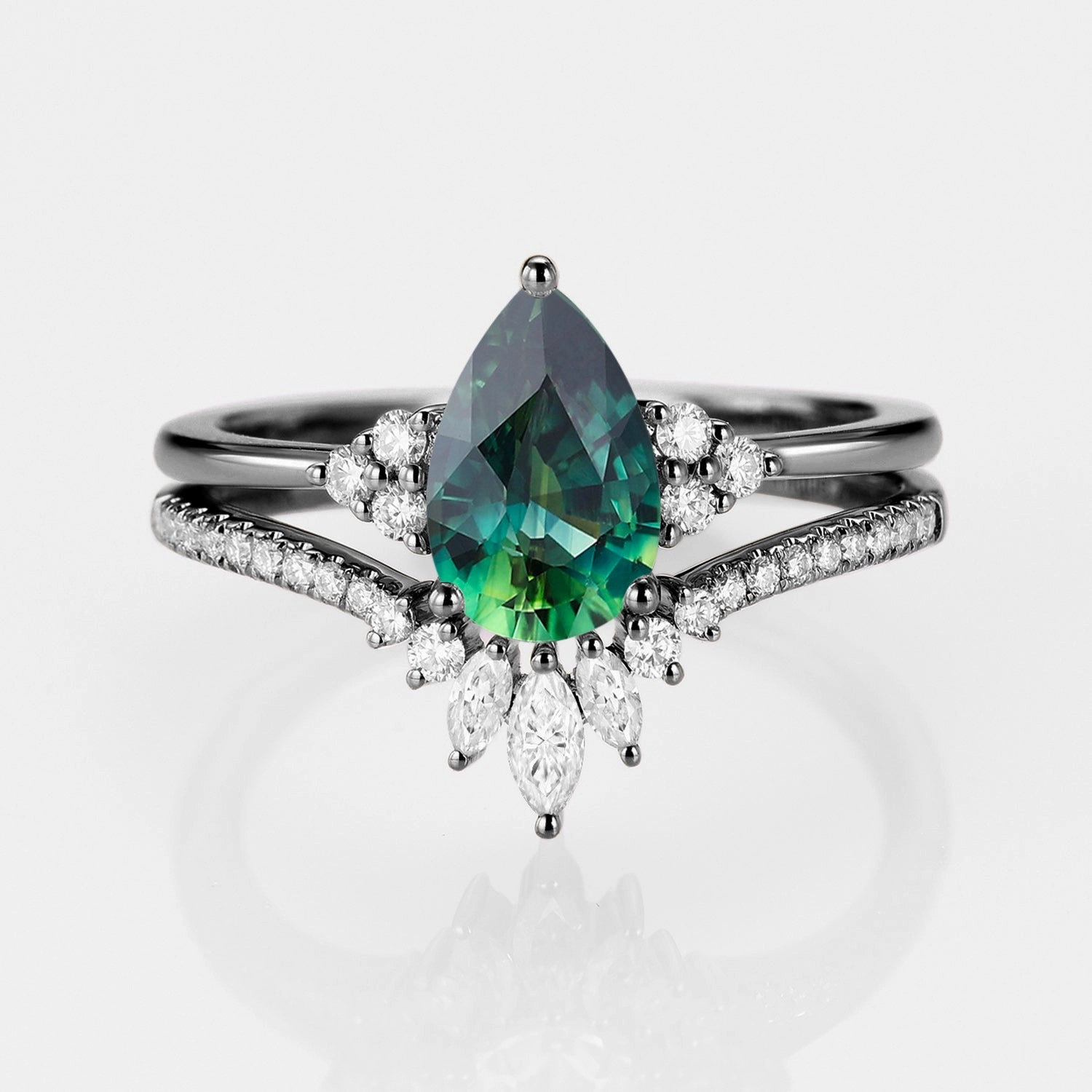 Classic Engagement - Pear Teal Sapphire Engagement Ring Set 2pcs - Lydia Contemporary Glow Elegant Features